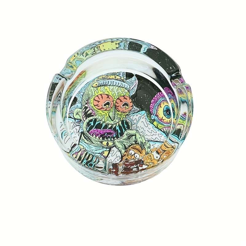 1pc Vibrant Round Glass Ashtray with Colorful Psychedelic Patterns Transparent Smokeless C
