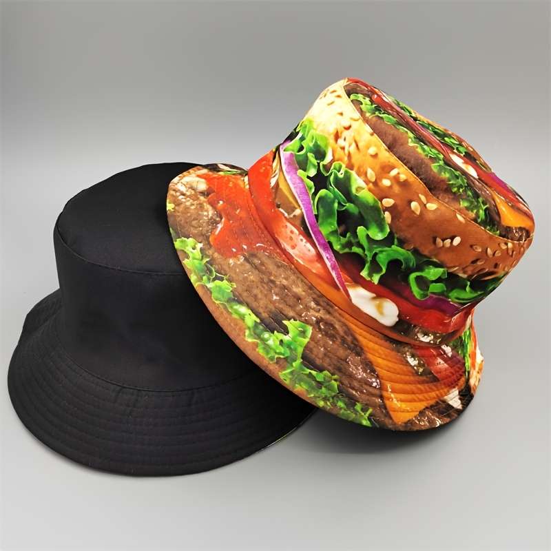 1pc 1pc Novelty Burger Pattern Bucket Hat Cartoon Y2K Style Fisherman Cap Reversible Casual Outd