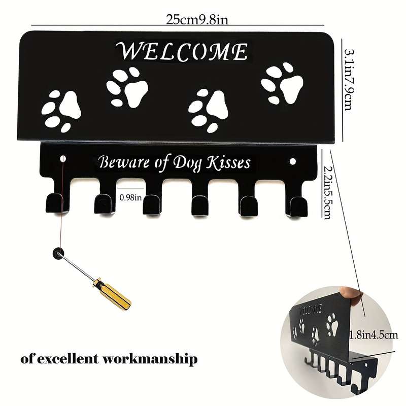 Stylish Black Metal Wall-Mounted Organizer with Key Hooks  Dog Leash HolderRust-Proof Powder-Co
