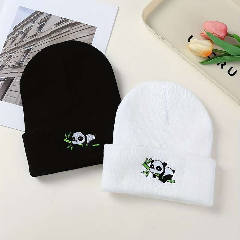 1pc Acrylic Stretchy Skull Beanie Hat Panda Embroidery Knit Beanie Hat for Men and Women Acrylic