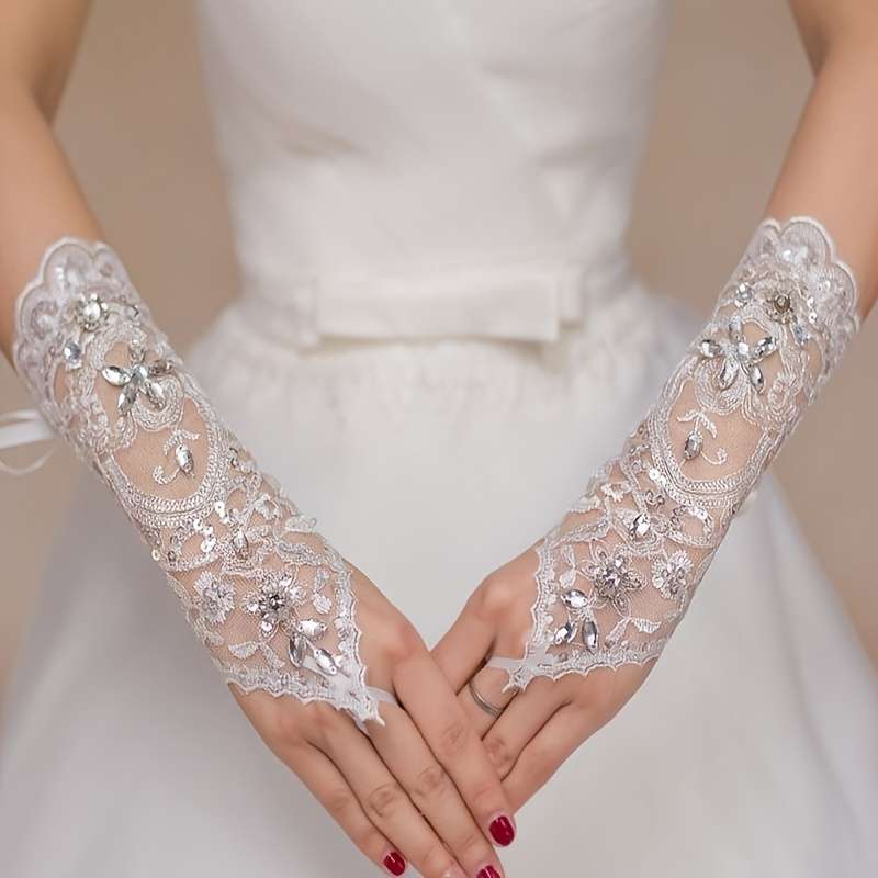 1 Pair White One Size Lace Wedding Gloves
