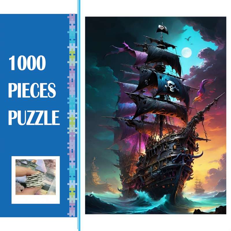 1000pcs Pirate Ship Puzzle Vibrant Night Sky Sailing Scene Challenging Brain Teas