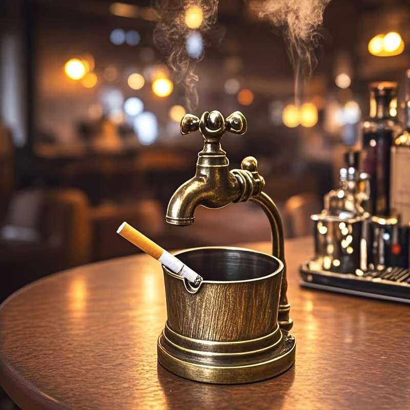 1pc Vintage Wrought Iron Ashtray with Faucet Design Elegant Home Office and Bar Decor Accessory