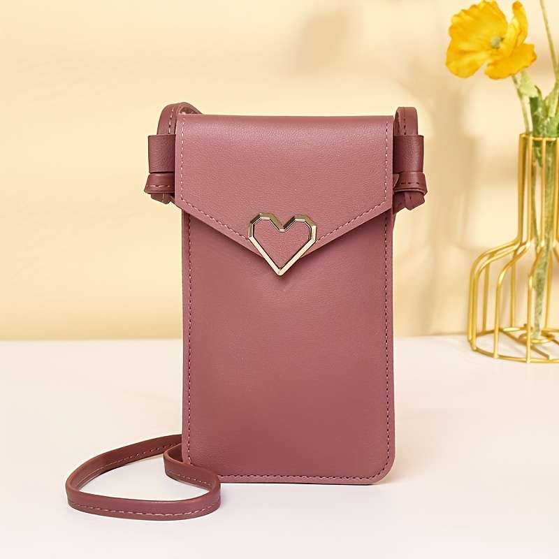 1pc Women'S Vintage Pink Heart Buckle Crossbody Bag with Clear Phone Pocket Durable Synthetic Fau