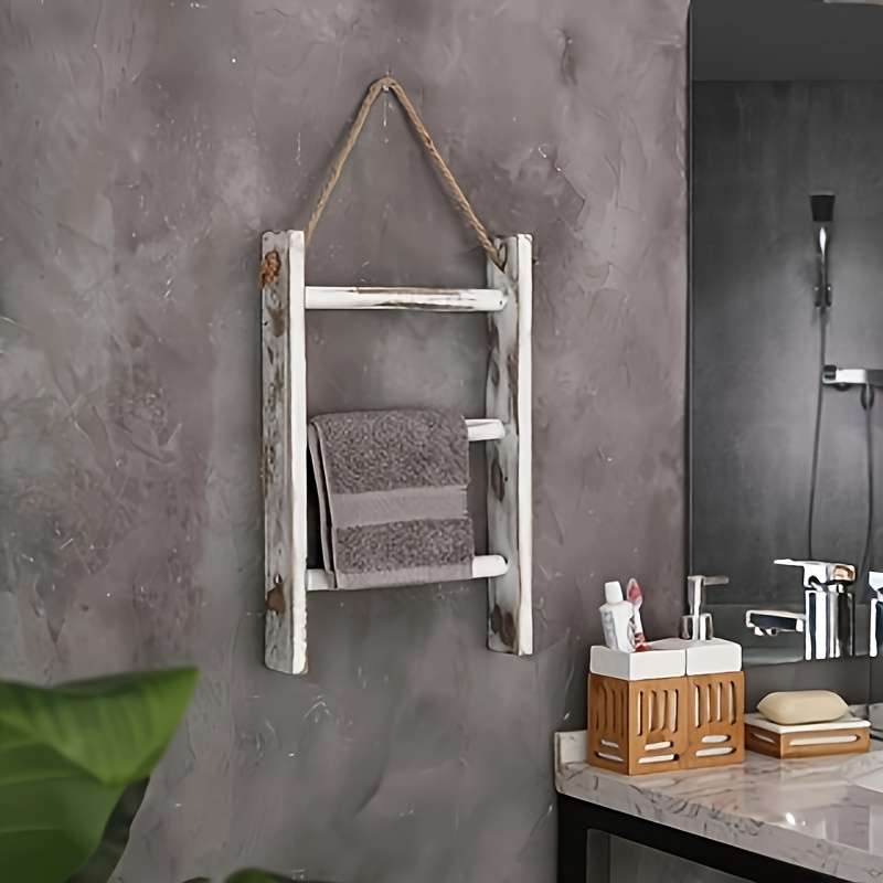 1pc Bohemian Rustic White-Washed Wooden Towel Ladder 3-Tier Wall-Mounted Bathroom Kitchen S