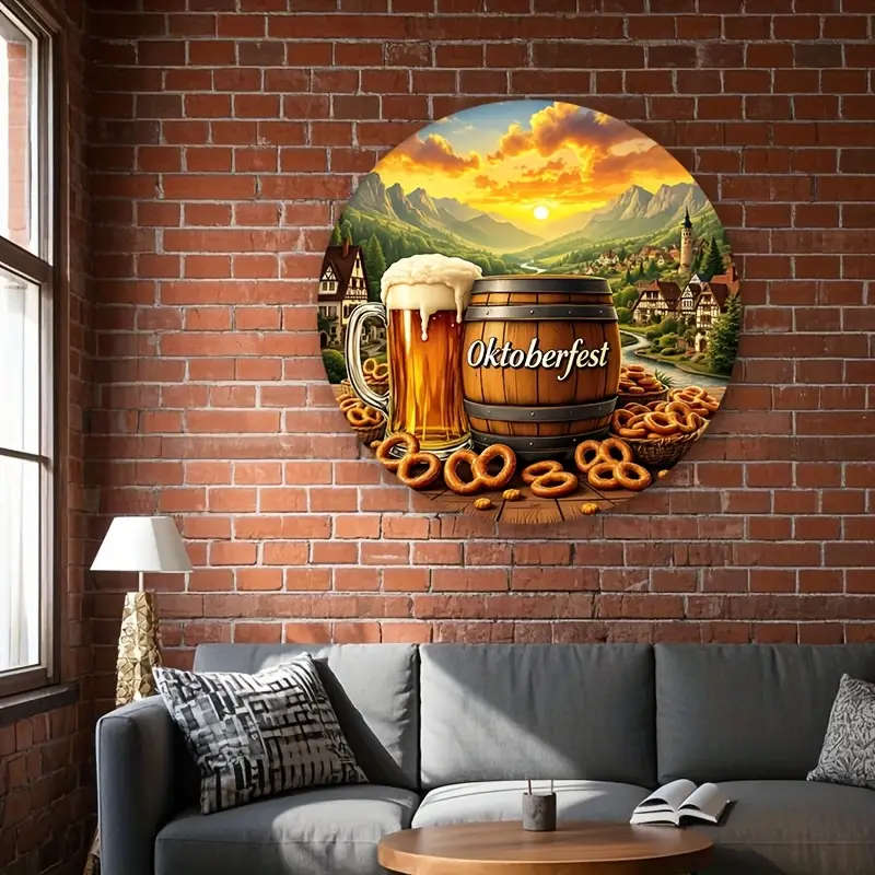 1pc Oktoberfest Round Aluminum Sign 20.32x20.32 cm Festive Beer and Pretzel Scene Ideal for Home Kit