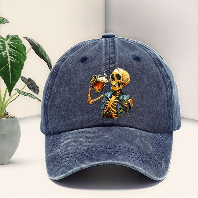 1pc Halloween Skeleton Holding Wine Baseball Cap Adjustable Vintage Casual Hat Unisex Breathable