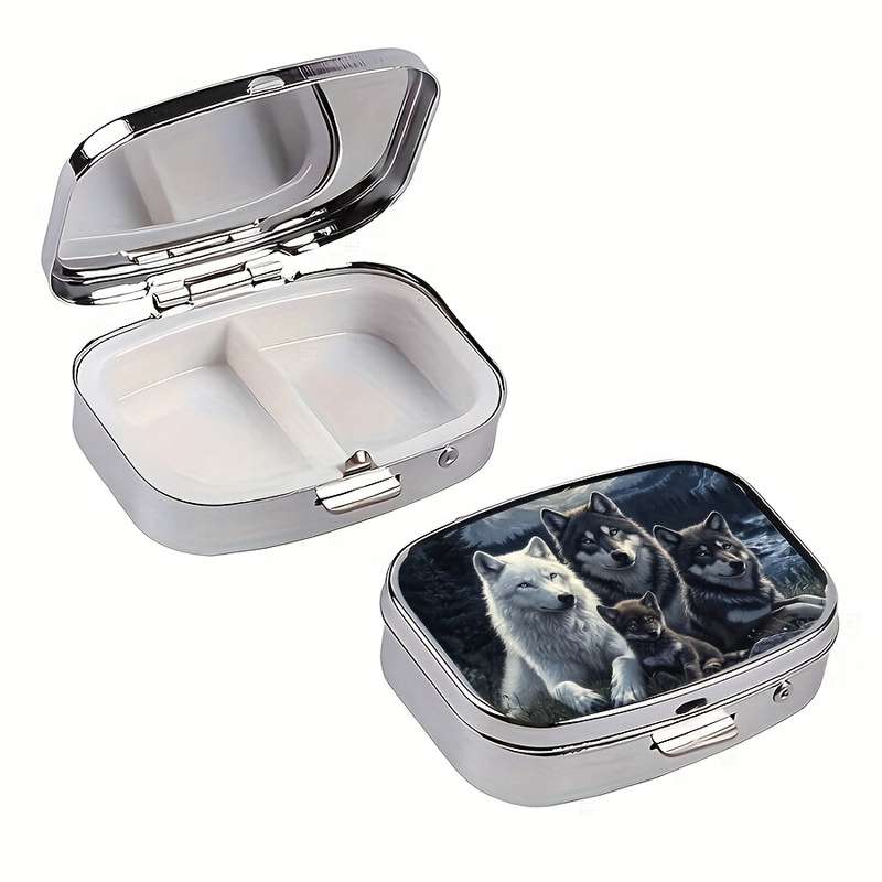 1pc Wolf Family Metal Pill Box C Portable Decorative Organizer with Realistic Wolf Artwork Com