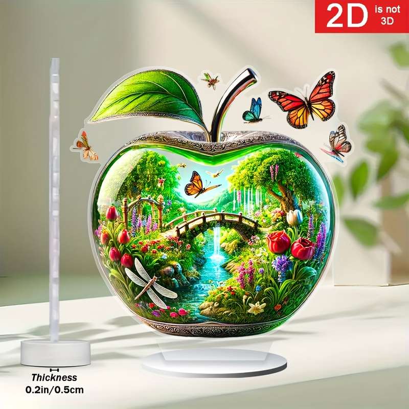 1pc 2D Flat   Charming Apple-Shaped Acrylic Decor a Vibrant Garden with Bridges Waterfalls D