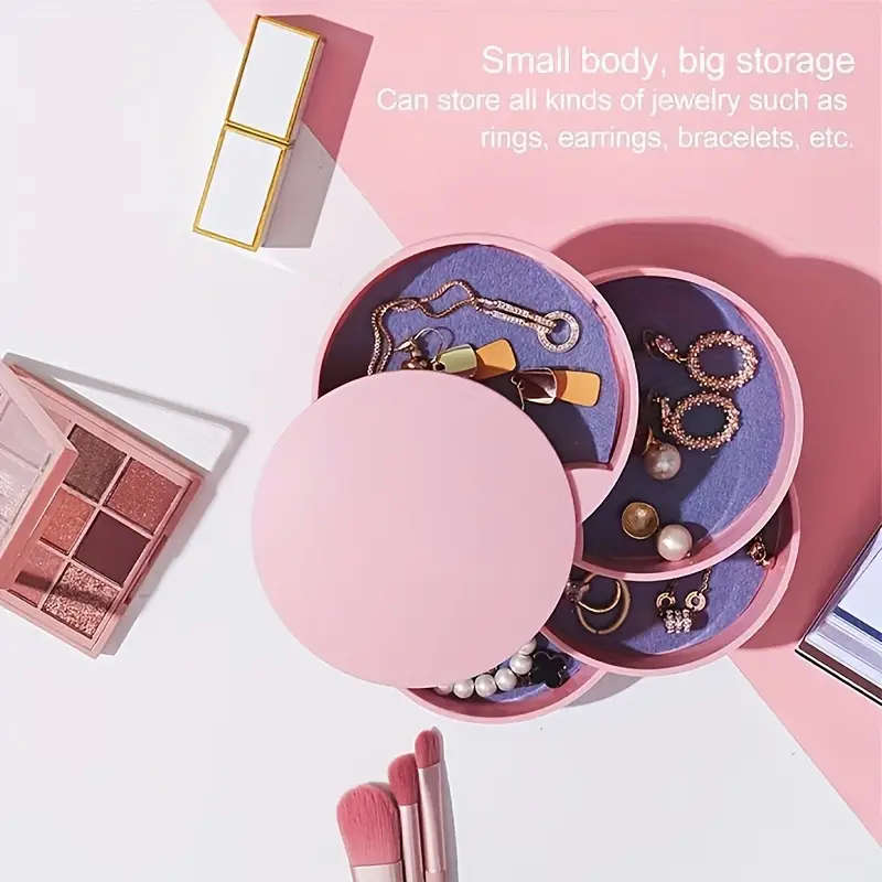 1pc Glam Style Rotating Jewelry Organizer Multi-Layer Tabletop Storage with Lid Round Plastic Deskto