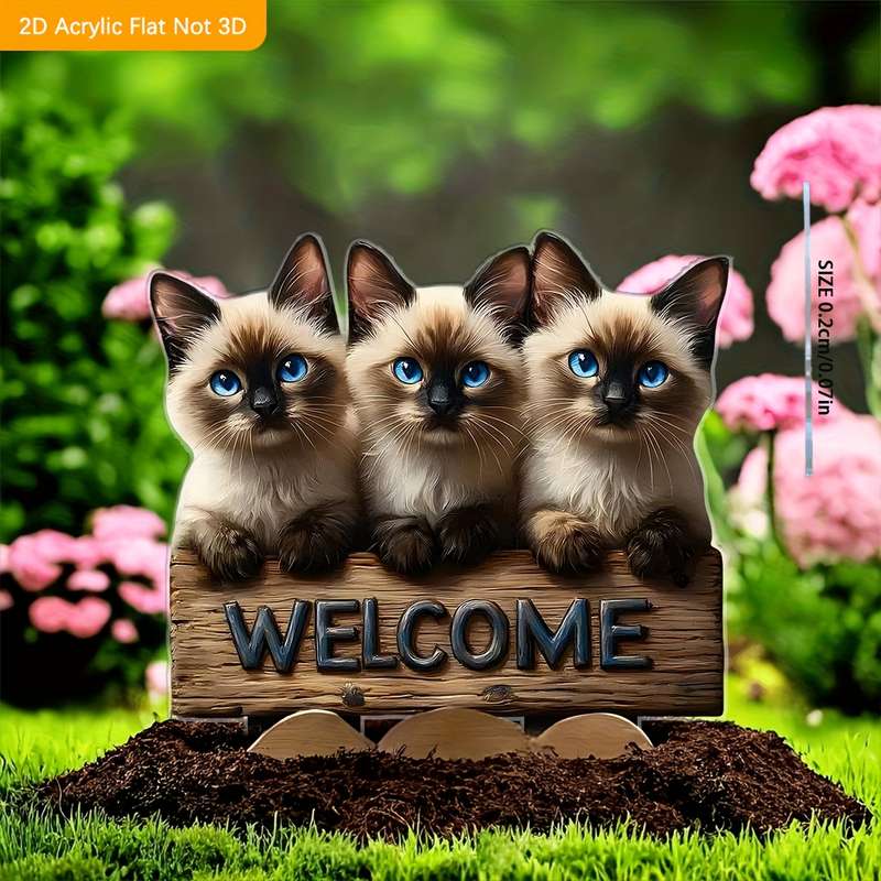 1pc 2D Flat  3 Cute Kitten Garden Sign  Acrylic Flat Animal Series Outdoor Decor for Lawn G