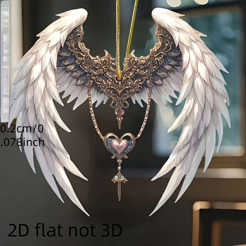 1pc 2D Flat  Elegant  Acrylic Angel Wings Pendant with Heart-Shaped Keychain Ethereal White G
