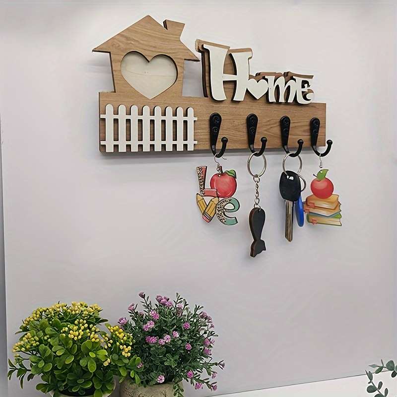 1pc Rustic Wooden Key Holder with Heart DesignEasy to Install Wall-Mounted Key Hook for Door or P