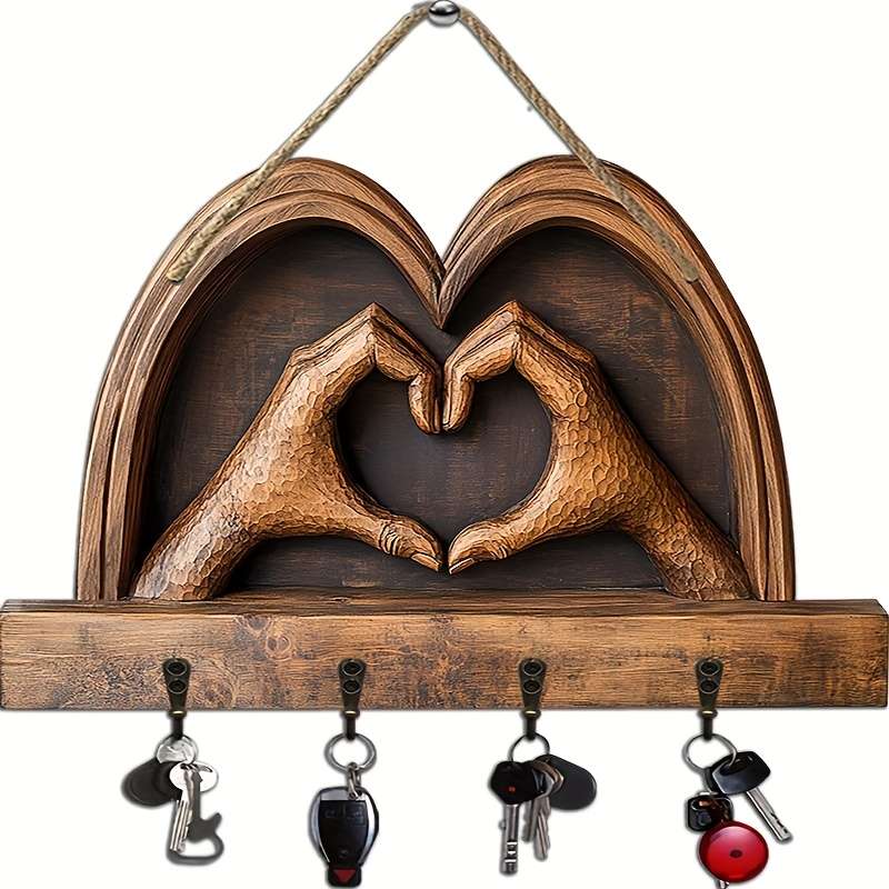 1pc Gorgeous heart-shaped hands simple colorful wooden and home key hanger with four metal hooks