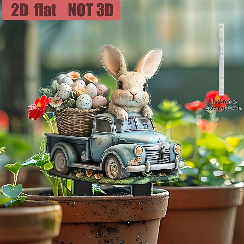 1pc 2D Flat  acrylic charming bunny and retro truck garden piles Easter themed outdoor d