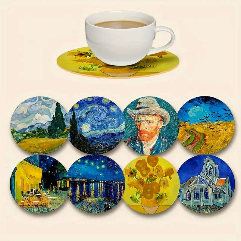 8 Piece Oil Painting Art Wooden Coasters Set, Round Coasters Suitable for Coffee Table