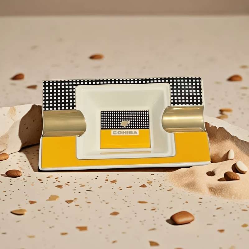 1pc Elegant Ceramic Cigar Ashtray with Dual Slots C Classic Rectangular Design Sparkling Decorativ