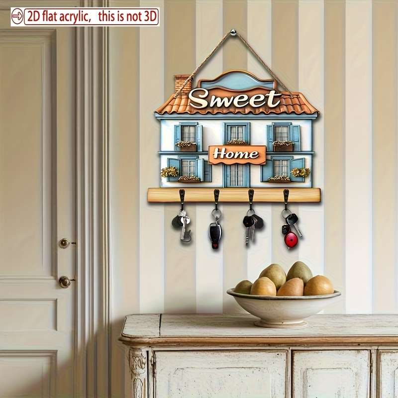 A Vintage Summer Villa Wooden Key Holder Measuring 29.97 X 22.86 cm Featuring 4 Metal Hooks Suitab