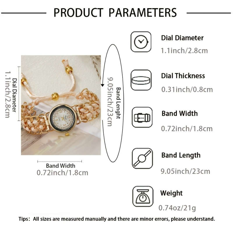 1pc Rhinestone-Inlaid Dial Adjustable Braided Cord Durable Quartz Movement Ladies' Wristwatch Fashio