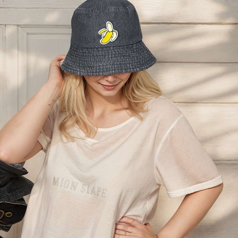 1pc Unisex Embroidered Banana Bucket Hat 100% Polyester Denim Fisherman Cap Soft Washed Fabri