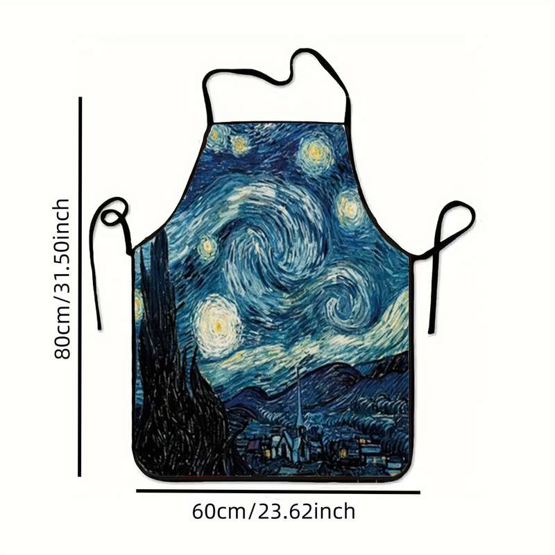 1pc Starry Night Kitchen Apron Stylish Polyester Cooking Apron with Van Gogh-Inspired Design Per