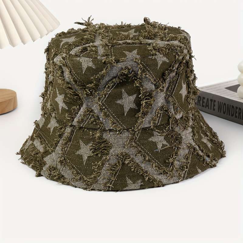 1pc Distressed Star-Patterned Denim Bucket Hat Foldable Sun-Protective Outdoor Cap for Men Wom