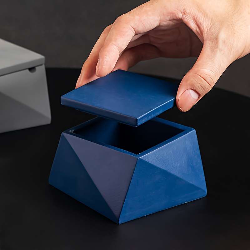 1pc Modern Geometric Stone Ashtray with Lid Light Blue Black Handcrafted Perfect for Indo