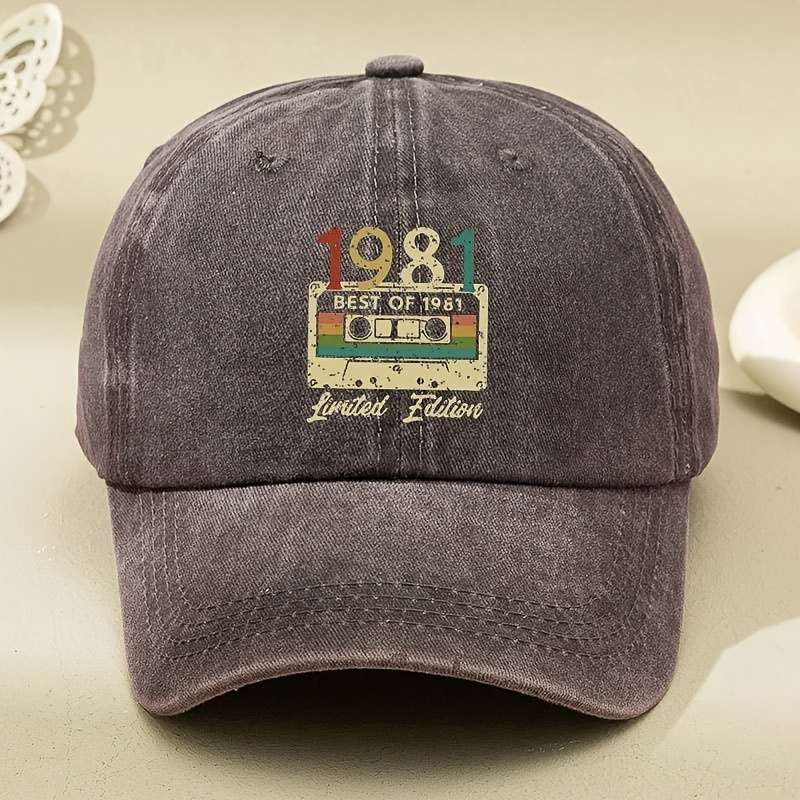 1pc Vintage 1981 Retro Cassette Tape Baseball Cap Black Washed Distressed Design with Adjustable