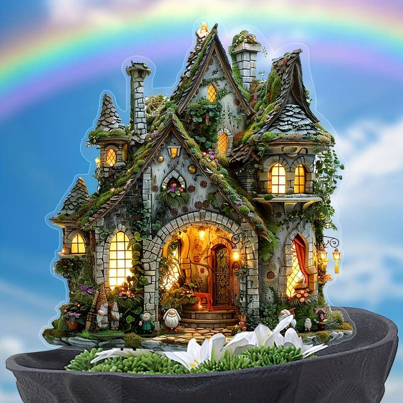 1pc 2D Flat   Enchanted Fairy Tale Cottage Garden Planter Rustic  Acrylic Outdoor Deco