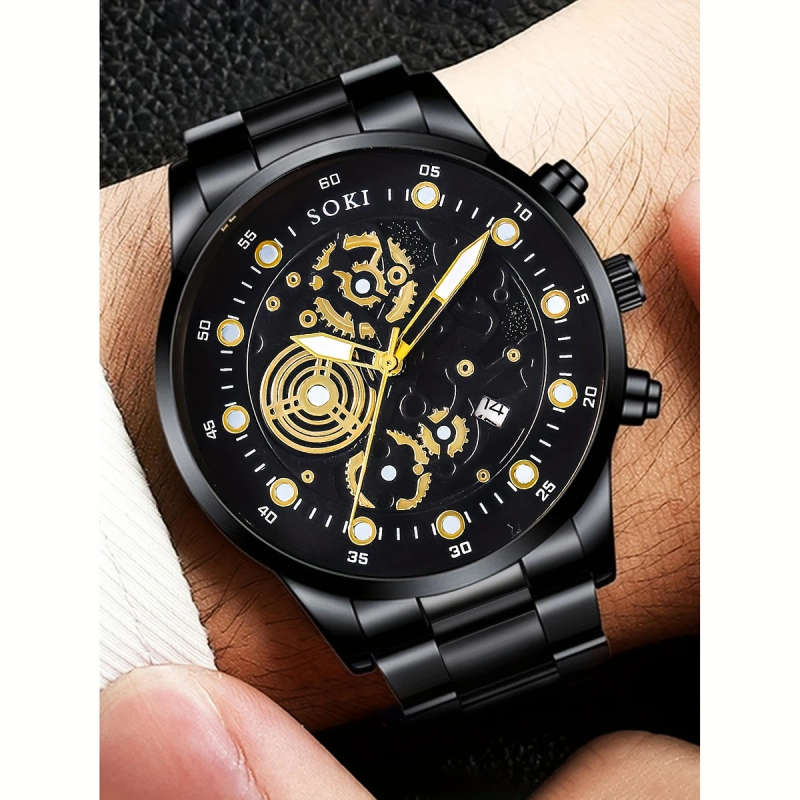1pc Men's Business Casual Quartz Watch with Calendar Black Stainless Steel Strap Digital Dial Golden