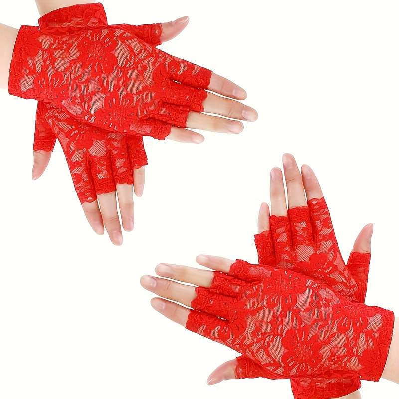 1 Pair Red Bridal Lace Gloves