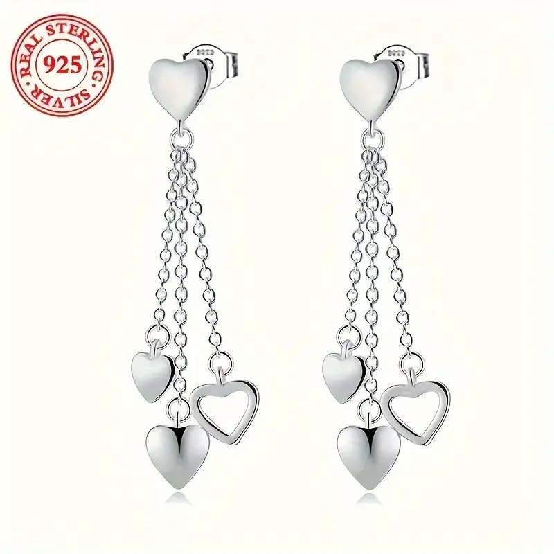 925 Sterling Silver Plated Tassel Heart Pendant Earrings