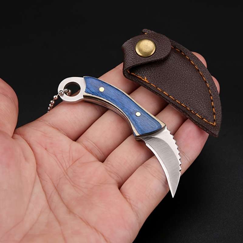 1pc Compact Stainless Steel Keychain Knife with Red Handle Faux Leather Sheath