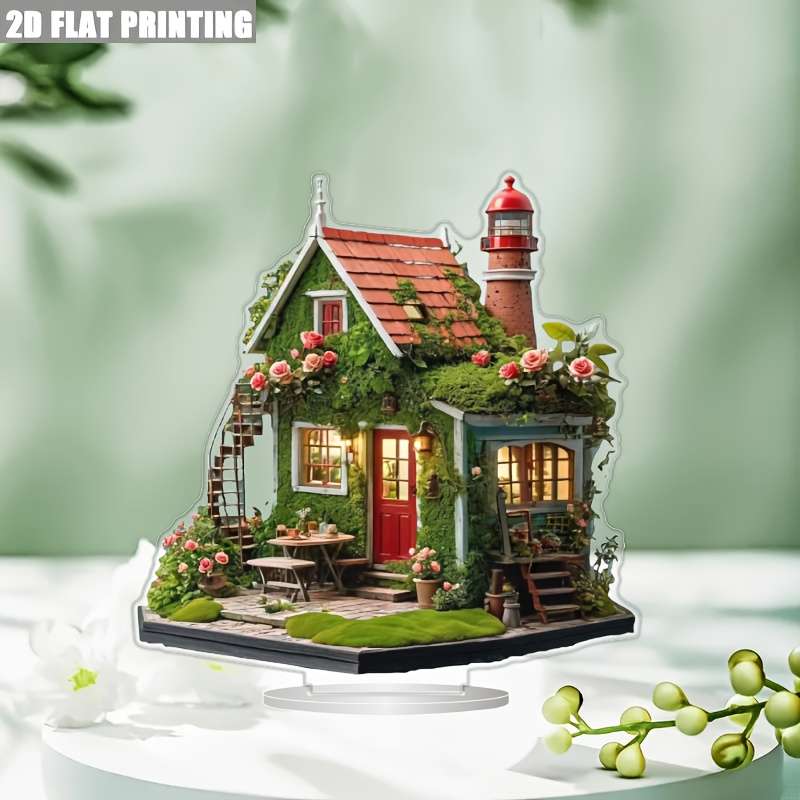 1pc 2D Flat  Bohemian Style Acrylic Holiday Village House Vibrant Lighthouse Cottage Scene with