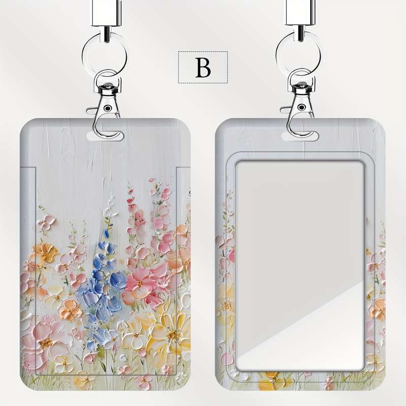 1pc JIT Floral Badge Holder with Lanyard Dual Card Slot Transparent Plastic Protective Insert Sh