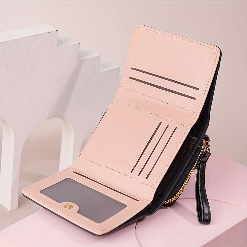 1pc 2025 Newest Women'S Fashionable Short Wallet Black with Golden Star and Heart Design Slim Mu