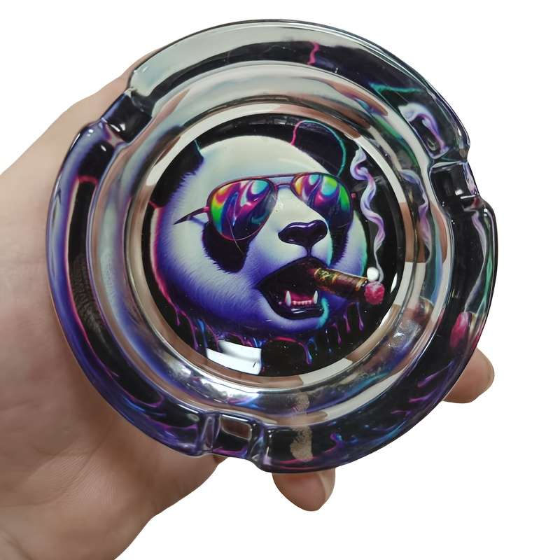 1pc Stylish Panda Ashtray Round Glass Design with Cool Fashion Glasses Cigar Theme Durable