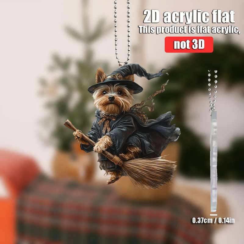 1pc 2D Flat   Yorkshire Terrier Magician  Acrylic Pendant Whimsical Dog in Wizard Costume w