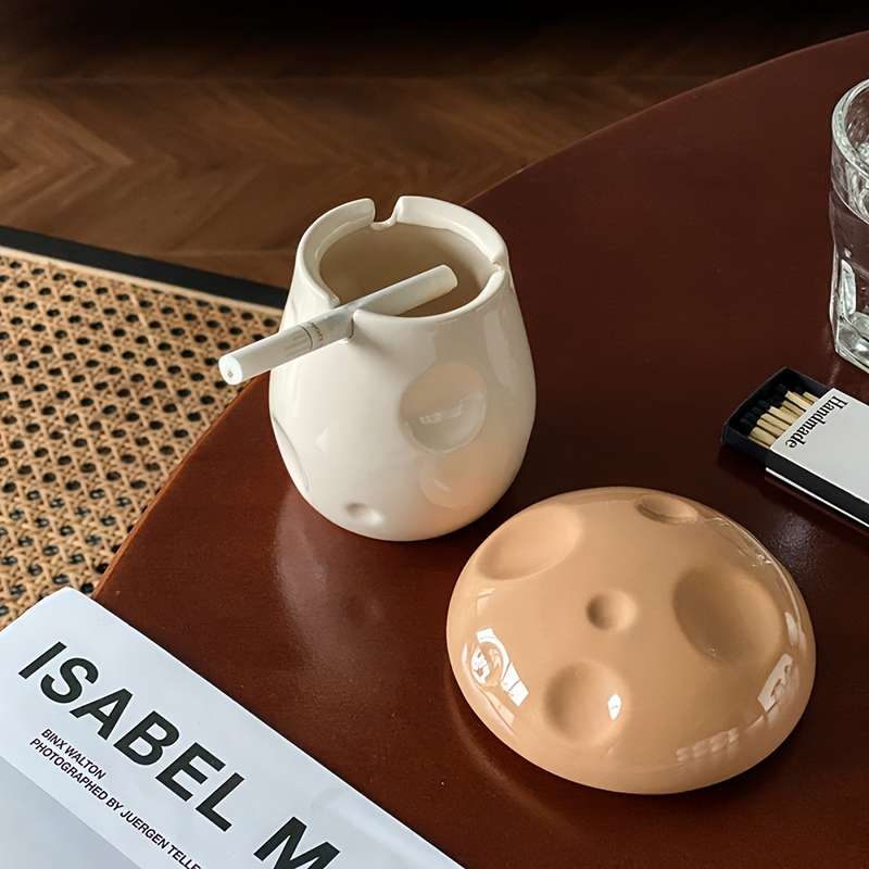 1pc Handmade Ceramic Mushroom Ashtray with Lid C Windproof Design for Indoor Outdoor Use Cut