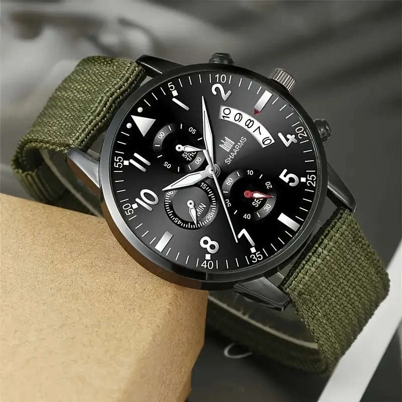 Men's Military Green Fashion Watch Set with Quartz Movement