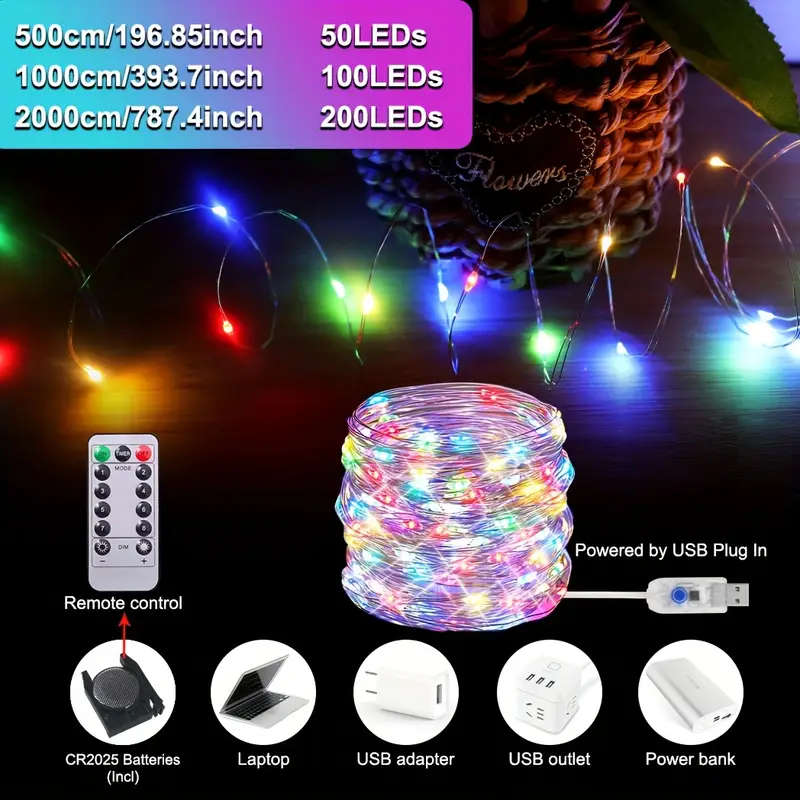 1pc USB Silvery Wire Light String 20m Multicolor