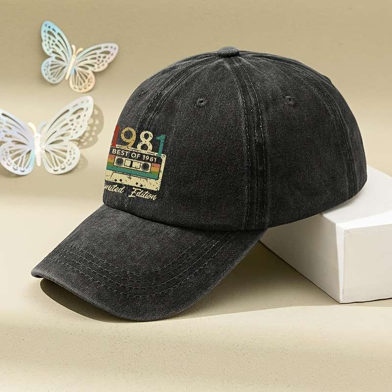 1pc Vintage 1981 Retro Cassette Tape Baseball Cap Black Washed Distressed Design with Adjustable