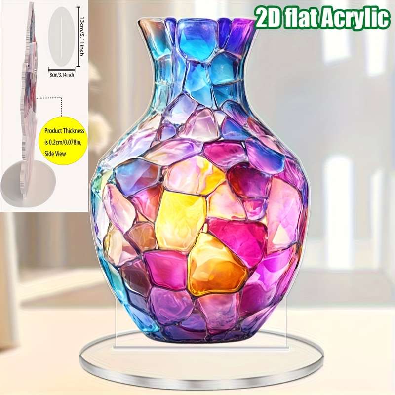 1pc 2D Flat  Acrylic Bohemian Vase Vibrant Mosaic Design Multi-Purpose Tabletop Decor for Home O