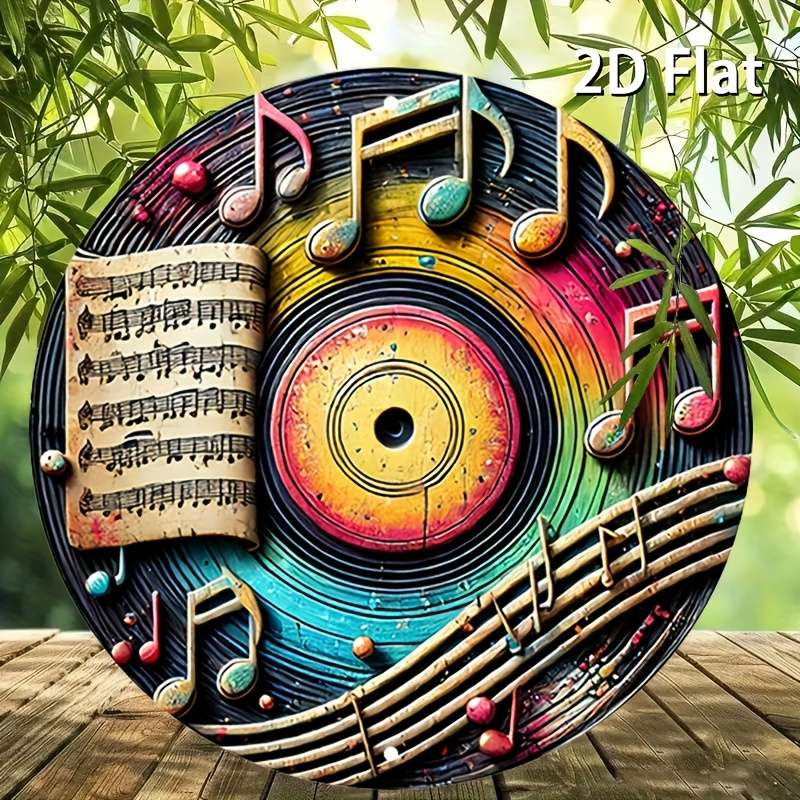 1pc 2D Flat  Vintage Metal Sign with Colorful Music Notes and Records Aluminum Round Poster wi
