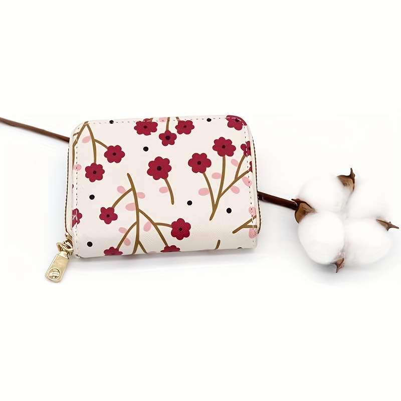 1pc Floral Credit Card Holder for Women Girls C Cute Plum Red Accordion Wallet with Zipper C