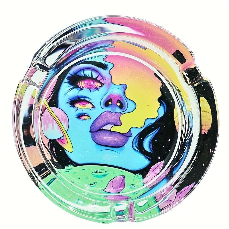 1pc A Round Transparent Glass Ashtray Decorative Non-Electric with Cigar and Cigarette Holder f