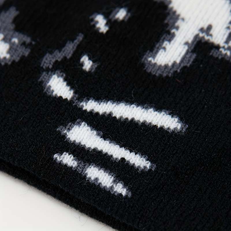 1pc Chic Skull Beanie Black White Jacquard Stretchy Elastic Knit for Women Perfect Casual We