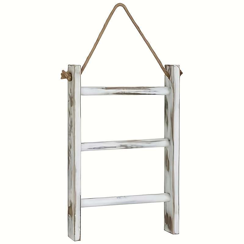 1pc Bohemian Rustic White-Washed Wooden Towel Ladder 3-Tier Wall-Mounted Bathroom Kitchen S