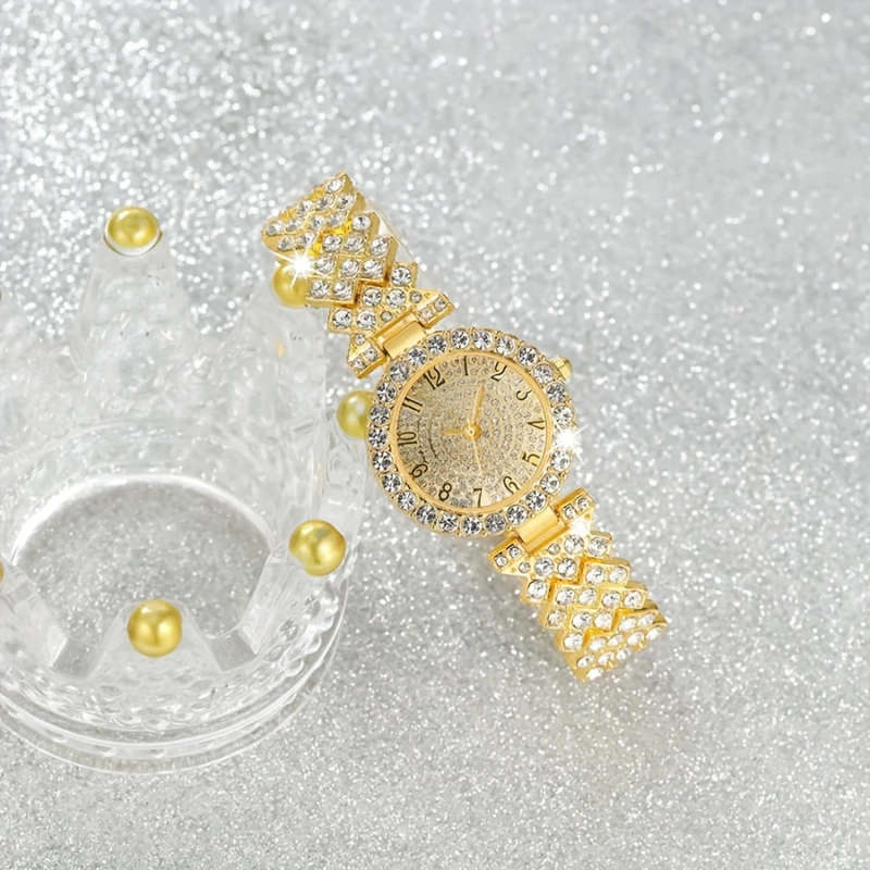 2pcs set Elegant Rhinestone Watch Stainless Steel Fashion Minimalist Luxury Full Rhinestone Bracelet
