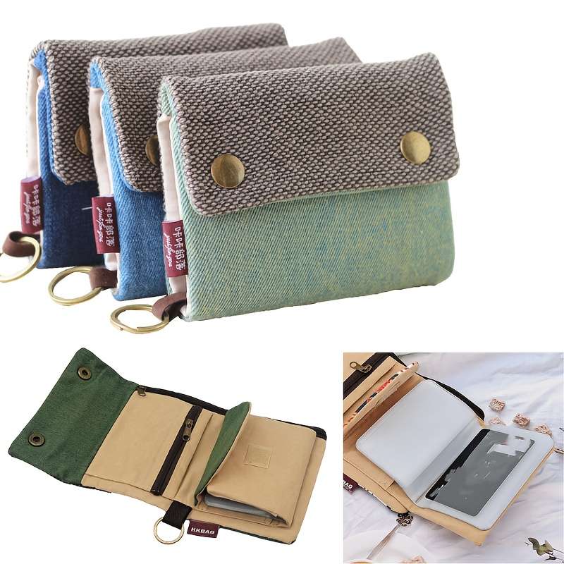1pc Compact Bifold Wallet with Golden Snap Closure Unisex Fabric Coin Purse Card Holder Black
